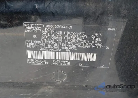 2010 Toyota Rav4 z USA, uszkodzony, nr VIN JTMBF4DV4AD024168